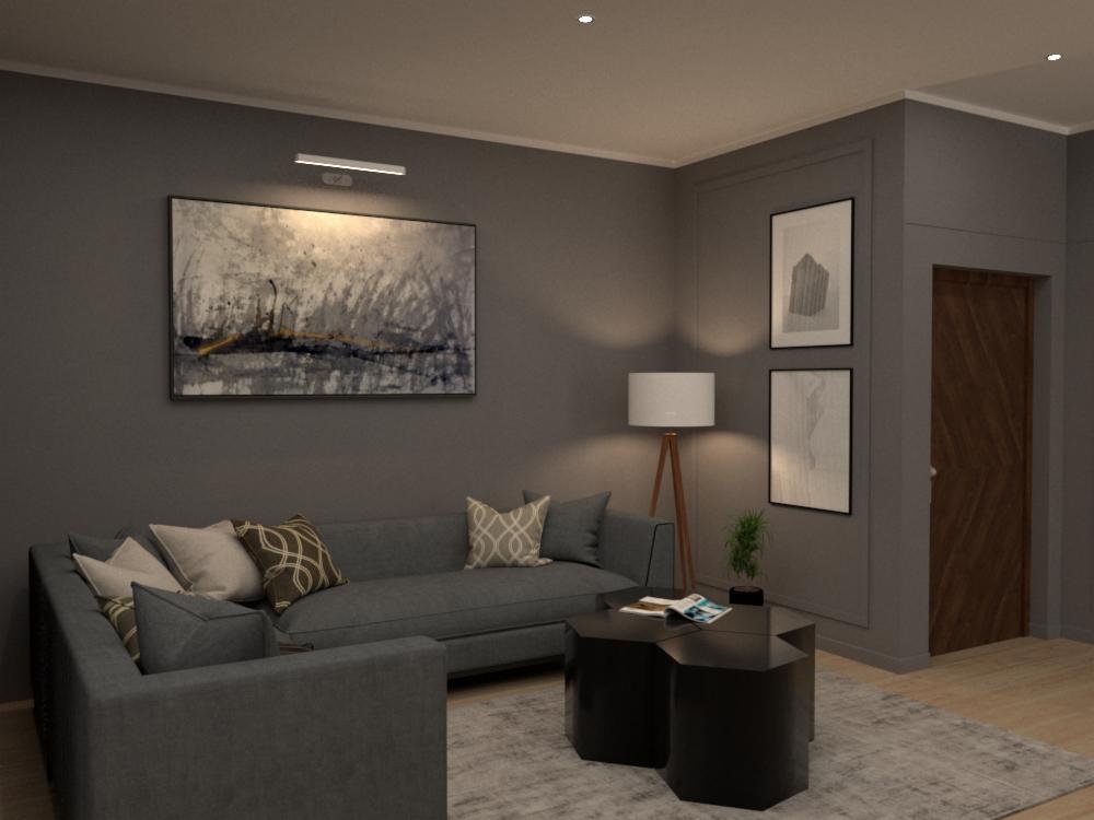 Nowoczesny salon w odcieniach szarości z abstrakcyjnym obrazem nad sofą i geometrycznym stolikiem kawowym.