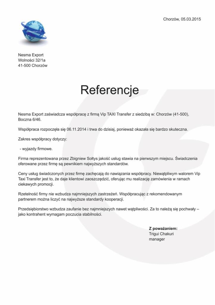 Skan dokumentu referencyjnego firmy Nesma Export dla Vip TAXI Transfer z Chorzowa, datowany na 05.03.2015, potwierdzający współpracę od 06.11.2014.