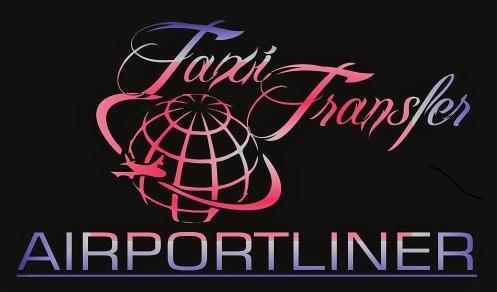 Logo firmy Airportliner z stylizowanym napisem Taxi Transfer, globusem i samolotem na czarnym tle.