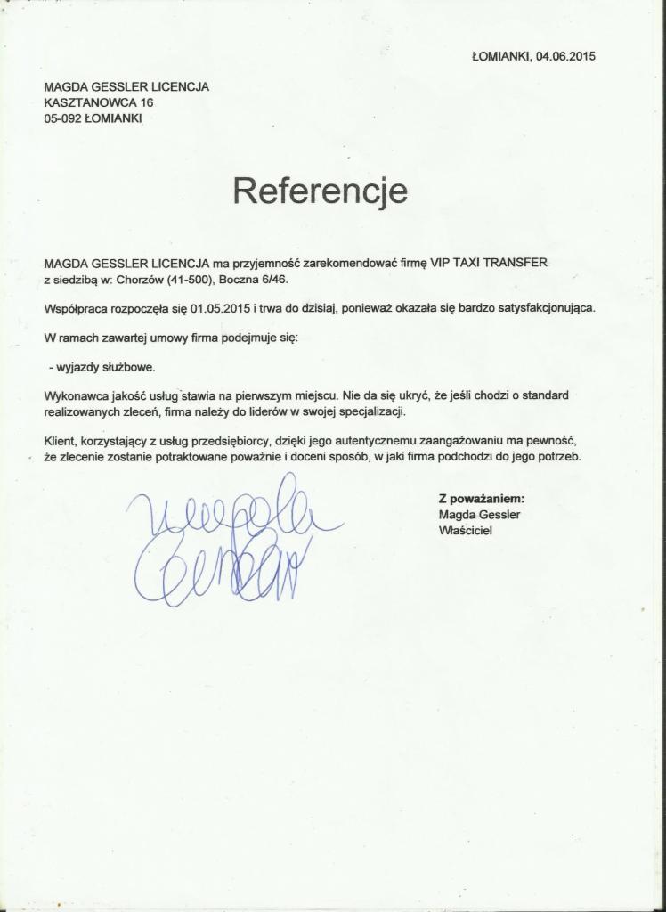 Skan referencji dla VIP TAXI TRANSFER, wystawionej przez Magdę Gessler, z datą 04.06.2015 i odręcznym podpisem.