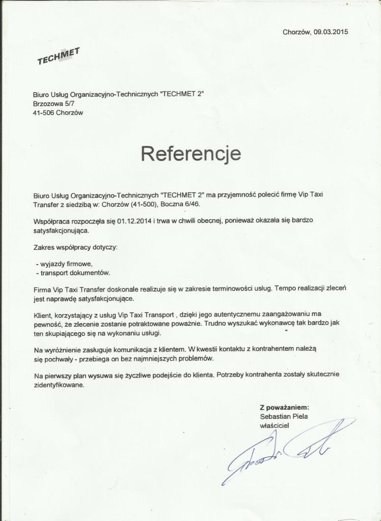 Skan dokumentu referencyjnego dla firmy Vip Taxi Transfer, wystawiony przez Biuro Usług Organizacyjno-Technicznych TECHMET 2 z Chorzowa, datowany na 09.03.2015, z podpisem Sebastiana Pieli...