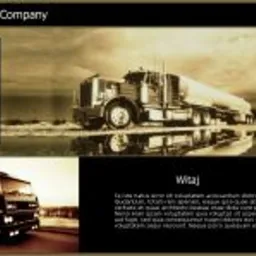 Zrzut ekranu strony internetowej firmy transportowej z menu po lewej stronie i dwoma zdjęciami ciężarówek w różnych ujęciach, utrzymany w sepii.