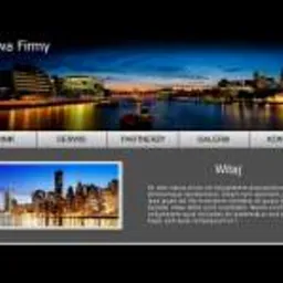 Zrzut ekranu strony internetowej z panoramą miasta nocą w nagłówku i miniaturą zdjęcia miasta w lewym dolnym rogu, nawigacja w postaci przycisków oraz blok tekstu po prawej stronie.