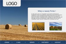 Zrzut ekranu strony internetowej z polami pszenicy i belami słomy w tle, zawierający tekst 'Witaj w naszej Firmie!' oraz logo w lewym górnym rogu.