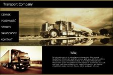 Zrzut ekranu strony internetowej firmy transportowej z menu po lewej stronie i dwoma zdjęciami ciężarówek w różnych ujęciach, utrzymany w sepii.