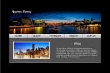 Zrzut ekranu strony internetowej z panoramą miasta nocą w nagłówku i miniaturą zdjęcia miasta w lewym dolnym rogu, nawigacja w postaci przycisków oraz blok tekstu po prawej stronie.