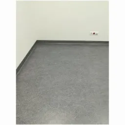 Szara wykładzina dywanowa z ciemnoszarymi listwami przypodłogowymi w rogu pomieszczenia, widoczne gniazdko elektryczne z czerwonym przyciskiem na białej ścianie.