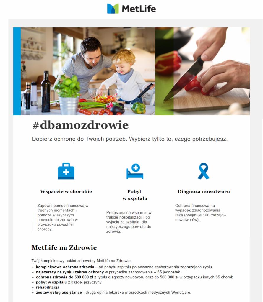Reklama pakietu zdrowotnego MetLife: ojciec z synem przygotowują sałatkę, obok dłoń kroi pomidora, hasło #dbamozdrowie, ikony wsparcia w chorobie, pobytu w szpitalu i diagnozy nowotworu.