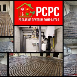 Podlaskie Centrum Pomp Ciepła - Montaż ogrzewania podłogowego z rurami w kolorze niebieskim, widoczne także elementy instalacji grzewczej i logo firmy Podlaskie Centrum Pomp Ciepła.