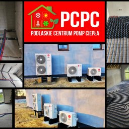 STOLAREWSKI MARCIN STOLAREWSKI - Montaż instalacji grzewczych i pomp ciepła: widok na ułożone rury ogrzewania podłogowego, instalacje hydrauliczne w surowym wnętrzu i zewnętrzne jednostki pomp ciepła LG.