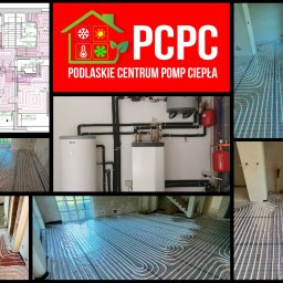 Podlaskie Centrum Pomp Ciepła - Montaż ogrzewania podłogowego: rozłożone rury na folii, schemat instalacji, kotłownia z piecami i zbiornikami, logo firmy PCPC. Układ spiralny rur.
