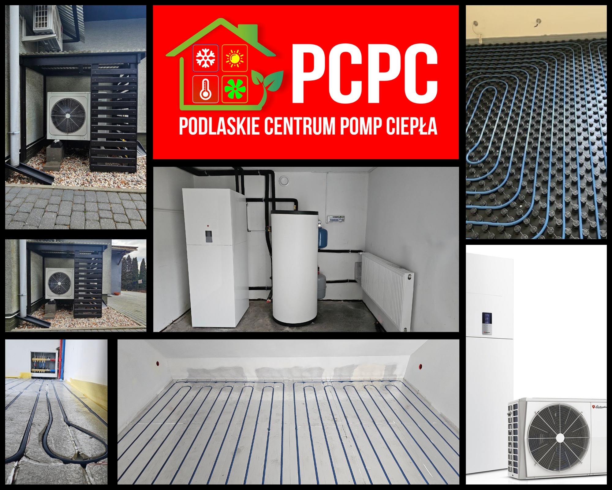 Kolaż zdjęć: pompy ciepła (zewnętrzna i wewnętrzna jednostka), instalacja ogrzewania podłogowego, zbiornik buforowy. Logo firmy: Podlaskie Centrum Pomp Ciepła.