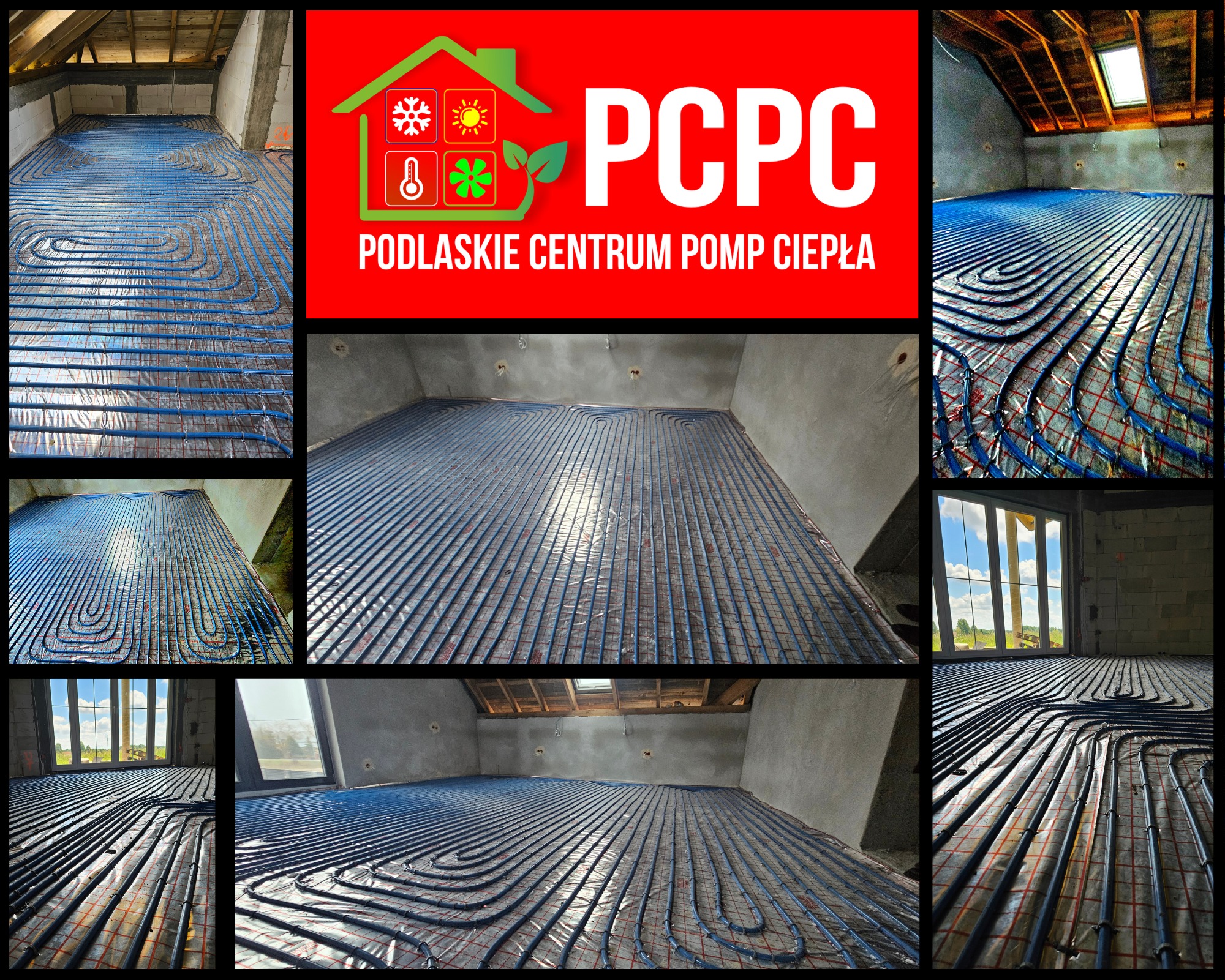 Kompozycja zdjęć prezentująca ułożone, niebieskie rury ogrzewania podłogowego na folii, w surowych wnętrzach. W tle logo firmy PCPC.