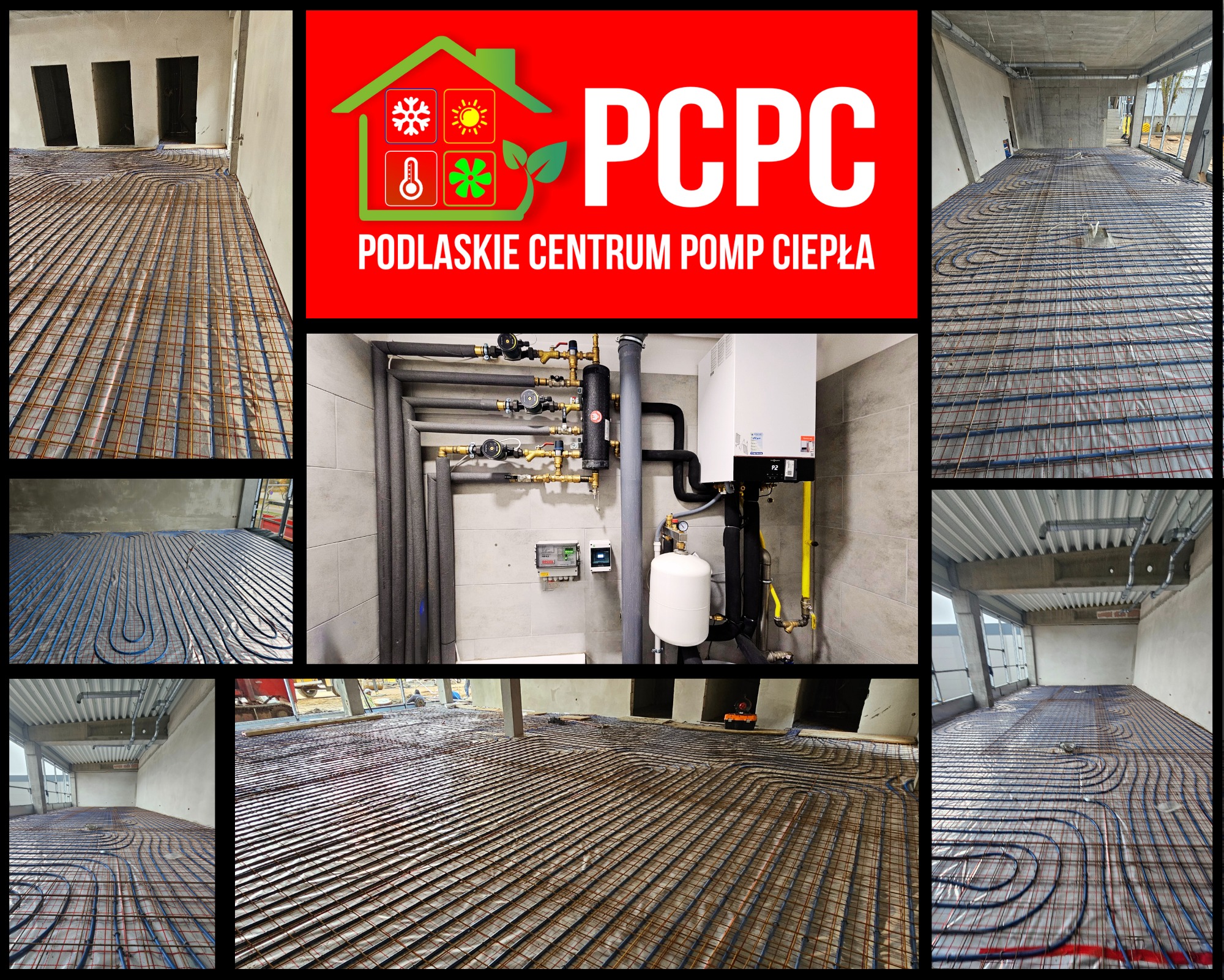 Montaż ogrzewania podłogowego z rurami w kolorze niebieskim, widoczne także elementy instalacji grzewczej i logo firmy Podlaskie Centrum Pomp Ciepła.