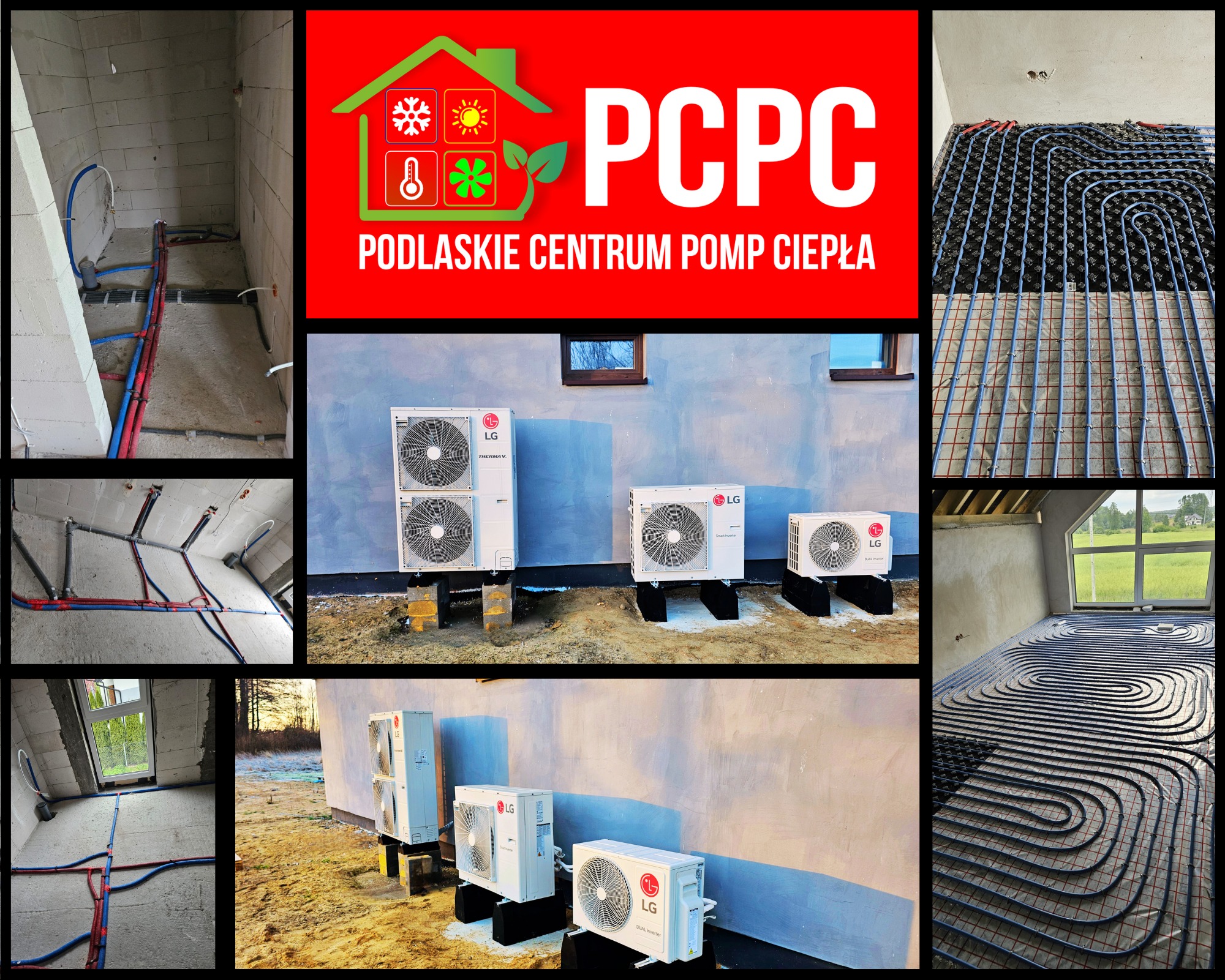 Montaż instalacji grzewczych i pomp ciepła: widok na ułożone rury ogrzewania podłogowego, instalacje hydrauliczne w surowym wnętrzu i zewnętrzne jednostki pomp ciepła LG.