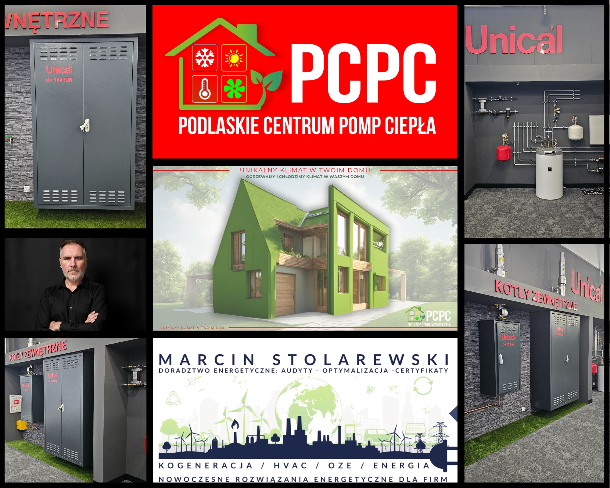 Ekspozycja firmy PCPC z kotłami Unical, wizualizacją domu i ofertą doradztwa energetycznego Marcina Stolarewskiego. Prezentacja na targach branżowych.