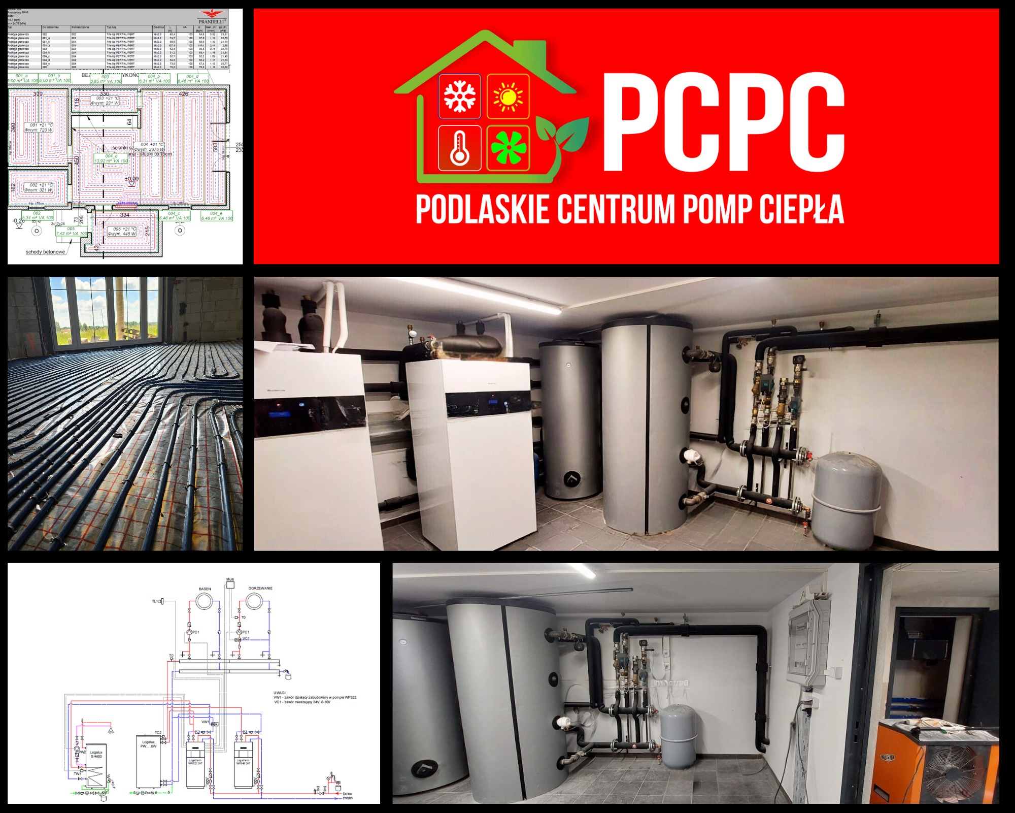Kompozycja z ogrzewaniem podłogowym, schematem instalacji i kotłownią z pompami ciepła, prezentująca kompleksowe rozwiązania grzewcze firmy PCPC.