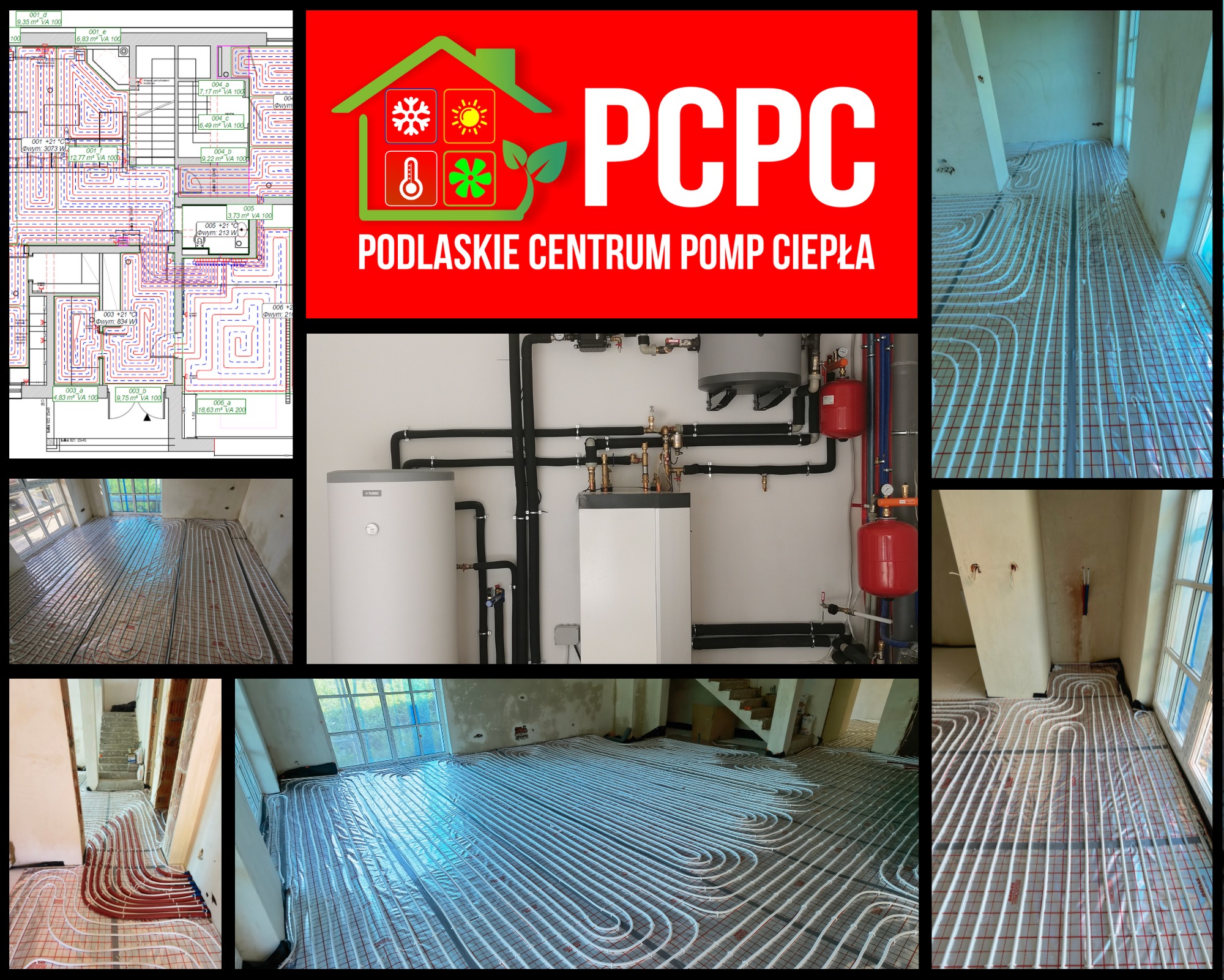 Montaż ogrzewania podłogowego: rozłożone rury na folii, schemat instalacji, kotłownia z piecami i zbiornikami, logo firmy PCPC. Układ spiralny rur.