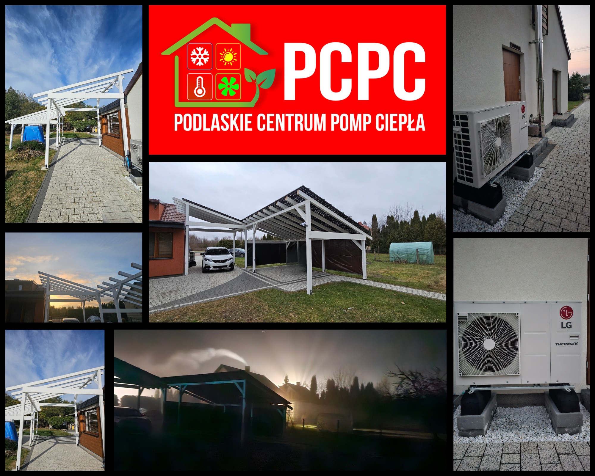 Kompozycja z pompami ciepła LG i zadaszeniem fotowoltaicznym, logo PCPC. Prezentacja instalacji w różnych warunkach oświetleniowych i perspektywach.