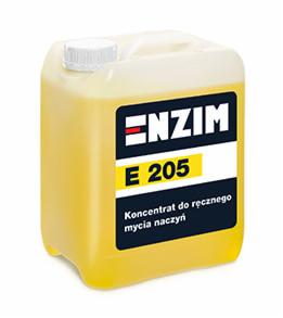 Żółty kanister z koncentratem do ręcznego mycia naczyń marki Enzim E 205, biała zakrętka, etykieta z logo i nazwą produktu.