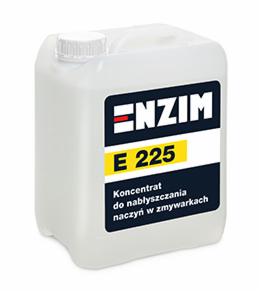 Plastikowy kanister z koncentratem do nabłyszczania naczyń w zmywarkach, marki Enzim E 225, na białym tle.