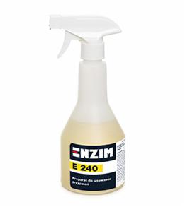 Plastikowa butelka z rozpylaczem, wypełniona płynem o jasnym, żółtawym odcieniu, z etykietą marki Enzim E 240, przeznaczonym do usuwania przypaleń.