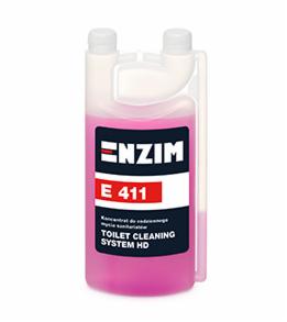 Butelka z koncentratem do czyszczenia toalet ENZIM E 411, różowy płyn w przezroczystym opakowaniu z czarną etykietą.