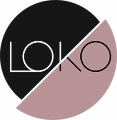 Logo firmy LOKO w okręgu podzielonym ukośnie na czarną i różową część. Litery stylizowane na cienkie linie.