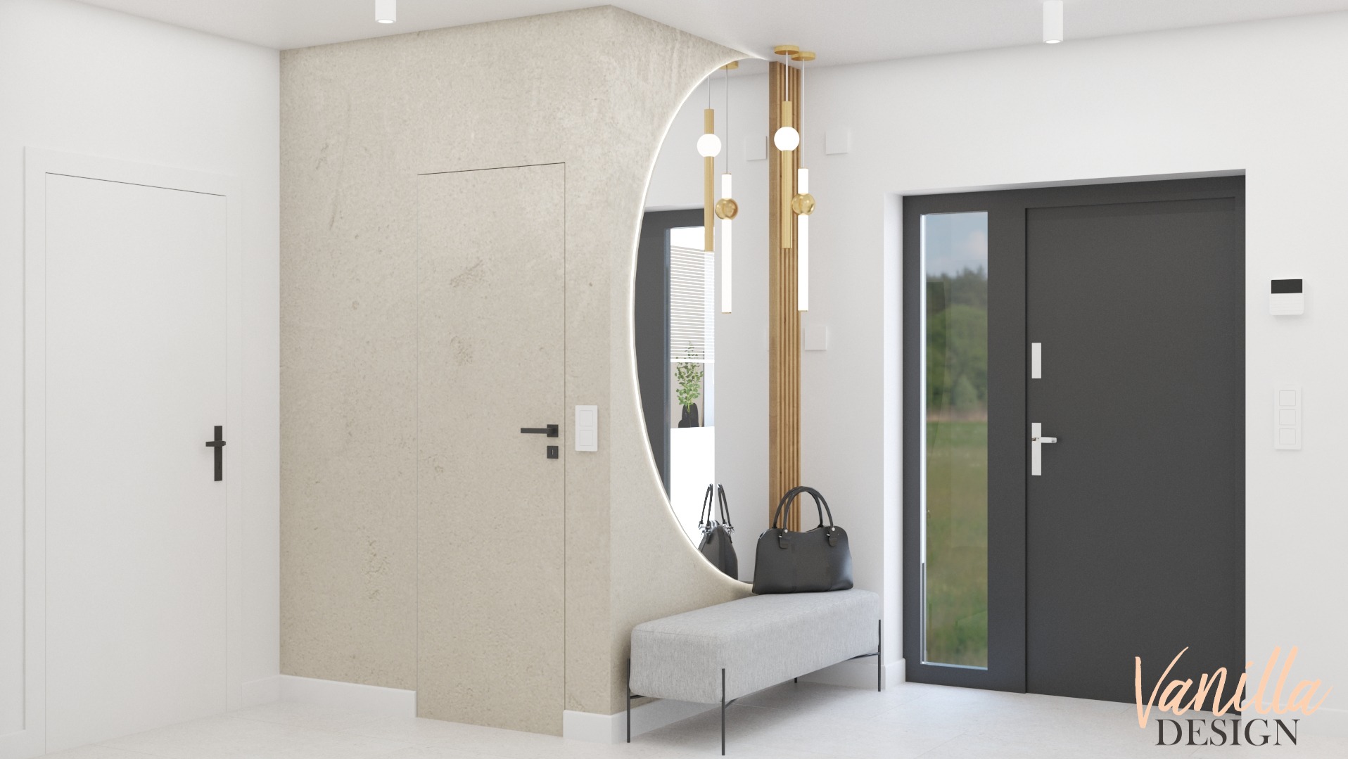 Nowoczesny przedpokój z owalnym lustrem podświetlonym LED, szarą ławką i czarną torebką, minimalistyczne oświetlenie wiszące, ukryte drzwi w panelu ściennym.