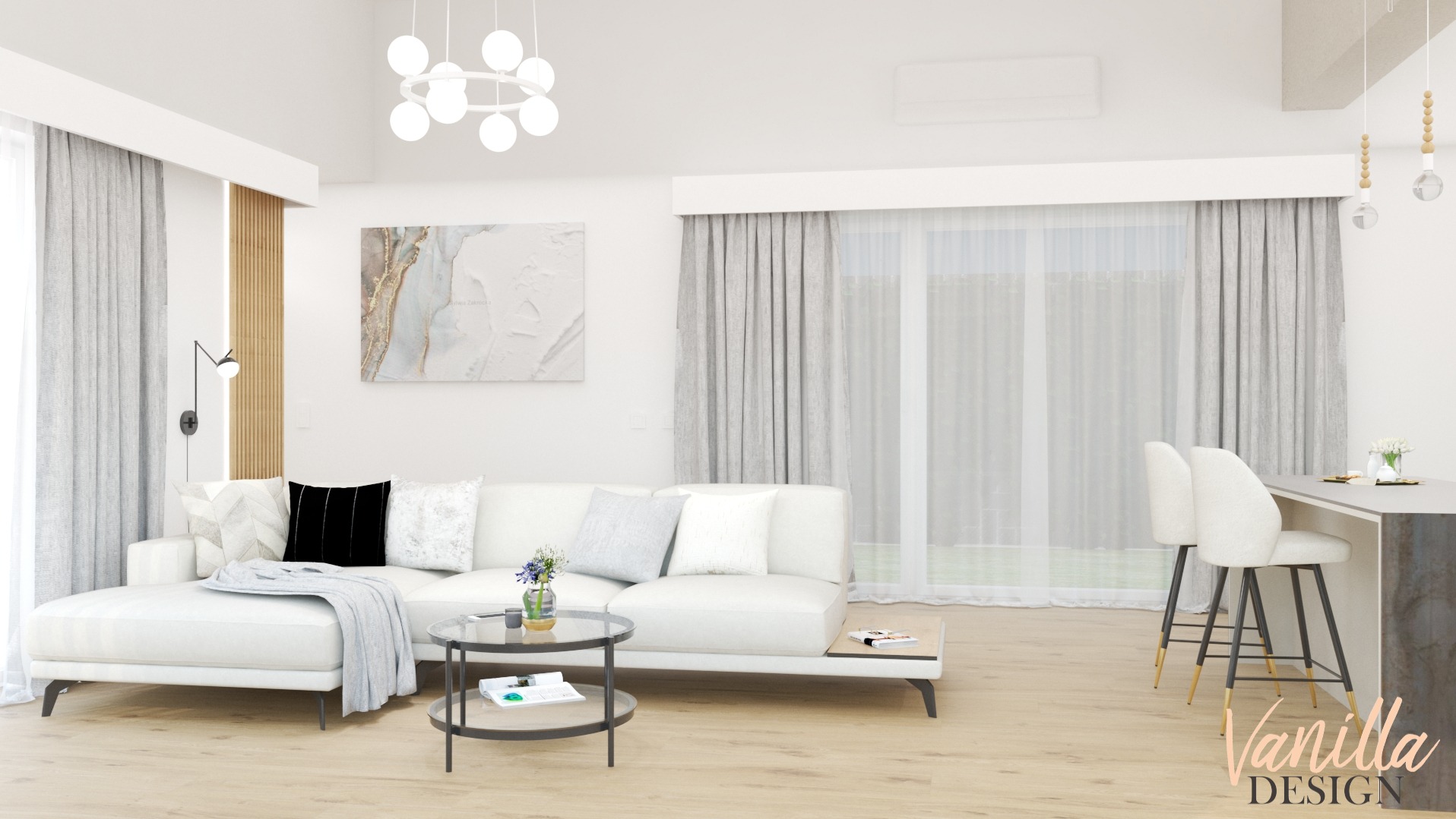 Jasne wnętrze salonu z aneksem kuchennym w minimalistycznym stylu, biała sofa z poduszkami, okrągły stolik kawowy, krzesła barowe przy wyspie kuchennej, duże okna z zasłonami.