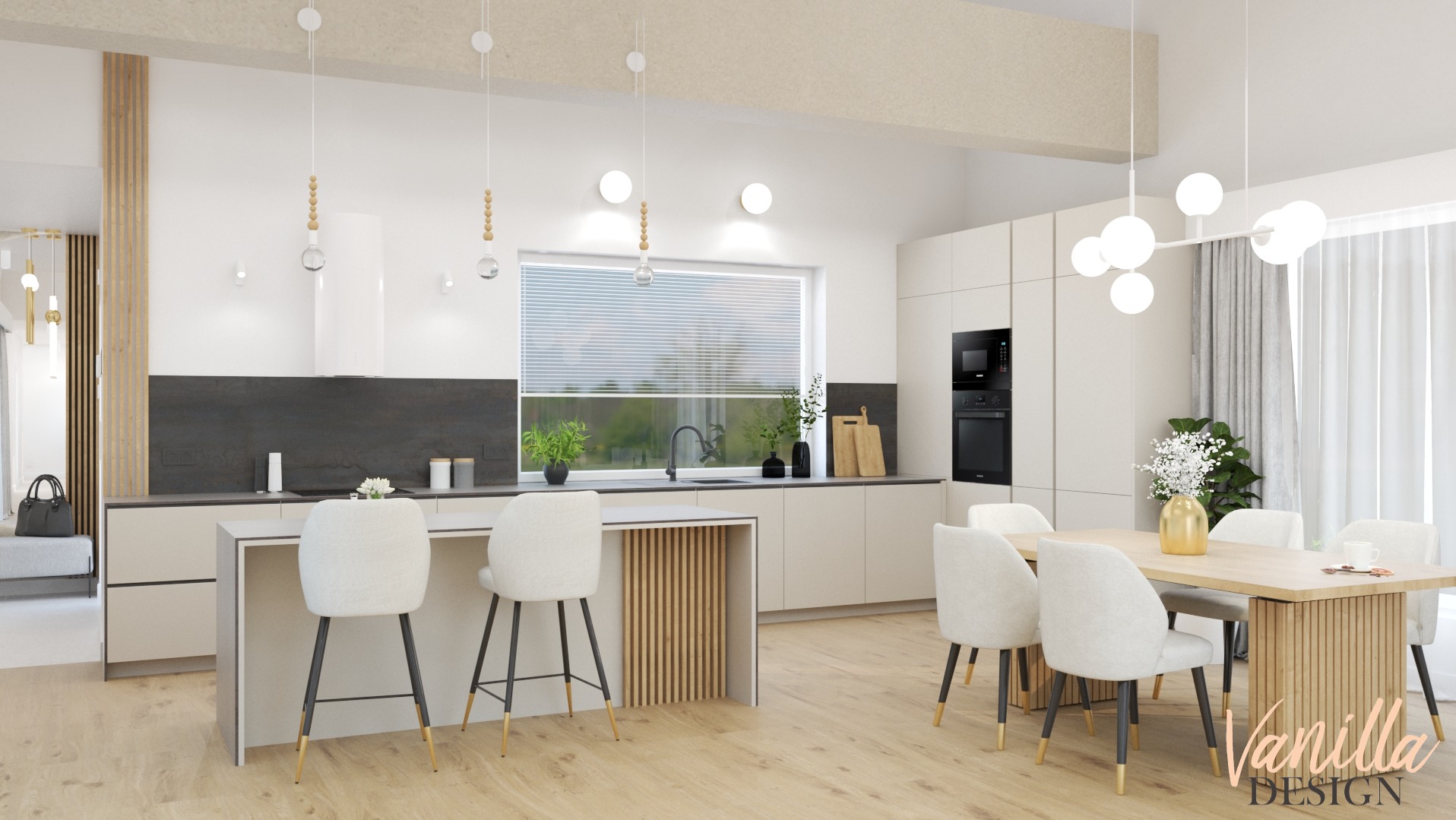 Wizualizacja nowoczesnej kuchni z wyspą, białymi krzesłami barowymi z czarnymi nogami, drewnianym blatem i frontem wyspy z pionowych listewek, oraz stołem z drewnianym blatem i podobnym frontem...