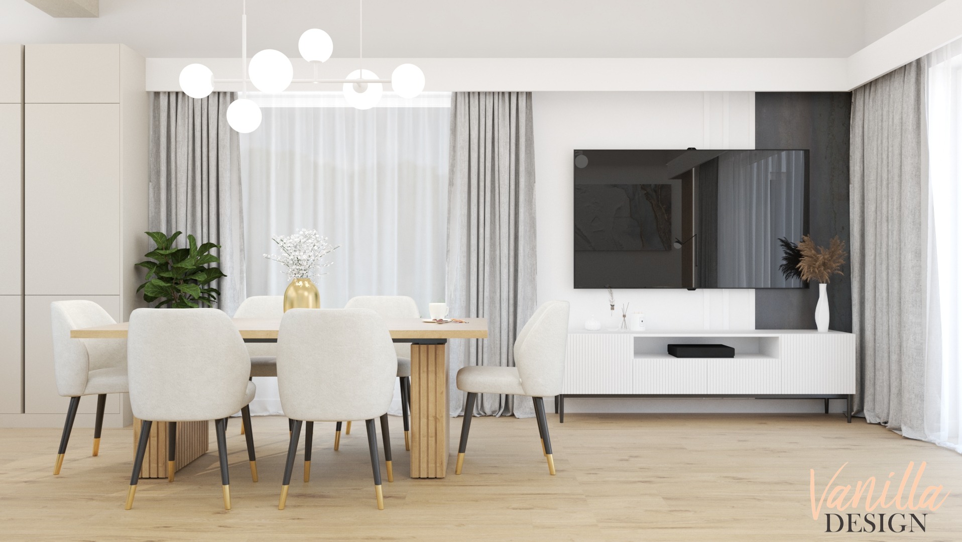 Jasna jadalnia z drewnianym stołem i tapicerowanymi krzesłami, minimalistyczna szafka RTV pod telewizorem, szare zasłony i dekoracje roślinne w nowoczesnym wnętrzu.