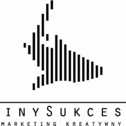 Czarno-białe logo firmy 'Rekiny Sukcesu' z motywem rekina utworzonym z pionowych kresek, pod spodem napis 'Marketing Kreatywny' i adres strony internetowej w czarnym kółku.