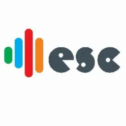 Logo firmy z kolorowymi pionowymi paskami i napisem 'esc' stylizowanym na Pac-Mana na białym tle.