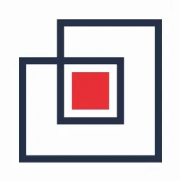 Abstrakcyjne logo: czerwony kwadrat wewnątrz dwóch przesuniętych, granatowych kwadratowych ram.