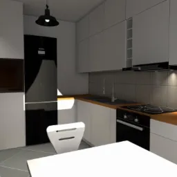 Wizualizacja kuchni z białymi szafkami i drewnianym blatem w Wydminach, z czarną lodówką i płytą grzewczą, oświetlona lampą sufitową.