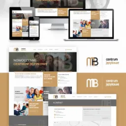Mockup responsywnej strony internetowej na różnych urządzeniach (laptop, komputer, tablet, smartfon) dla centrum językowego, z widocznym logo i przykładową treścią, na jasnym tle.