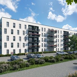 METROPOLIS OBSŁUGA NIERUCHOMOŚCI SP Z O.O. - Wizualizacja nowoczesnego, białego budynku apartamentowego z balkonami ozdobionymi kwiatami, widok z poziomu parkingu z zaparkowanymi samochodami i spacerującymi ludźmi w słoneczny dzień.