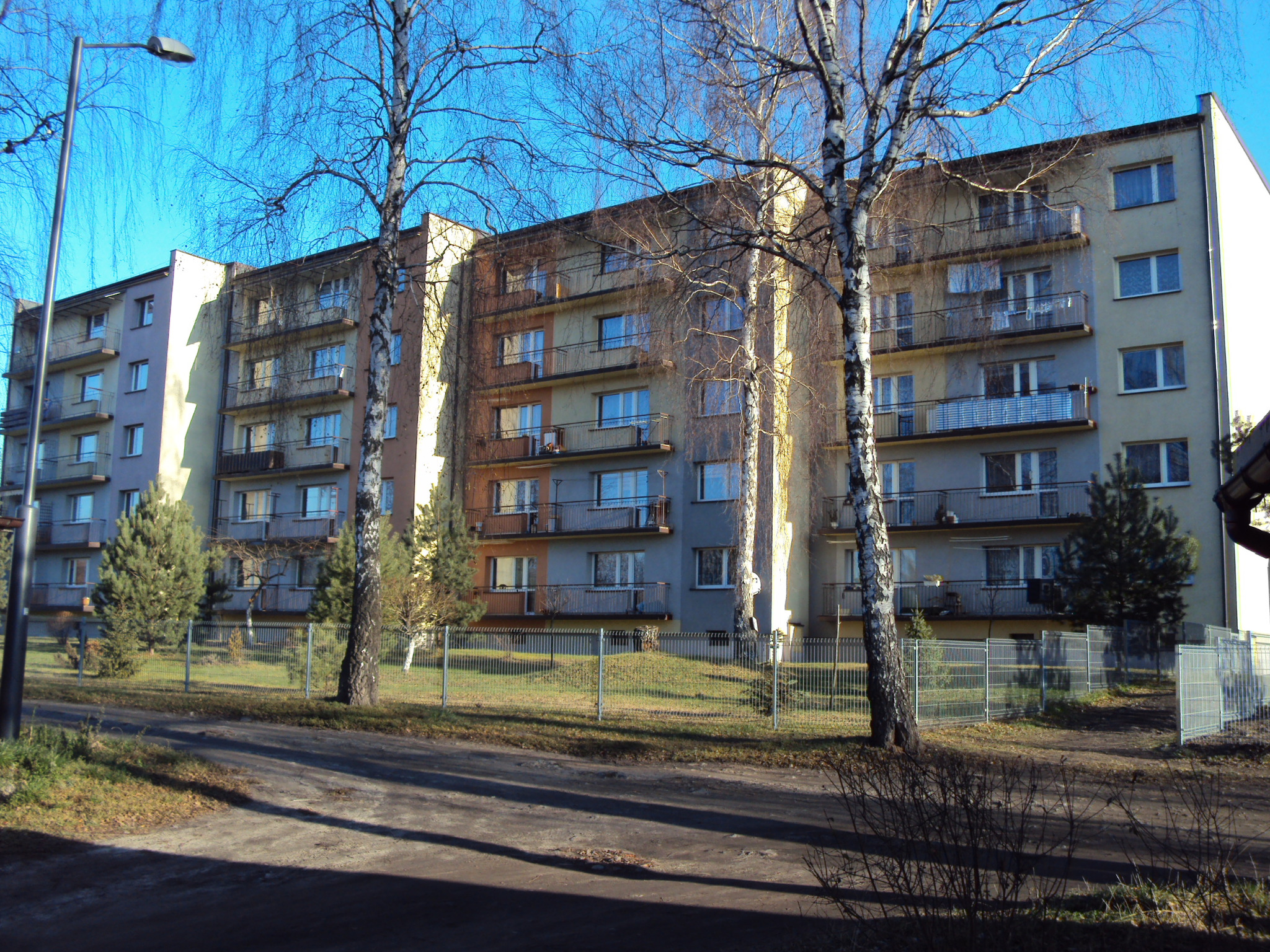 Wielopiętrowy blok mieszkalny z balkonami w Katowicach, otoczony drzewami i ogrodzeniem, widok z poziomu ulicy w słoneczny dzień.