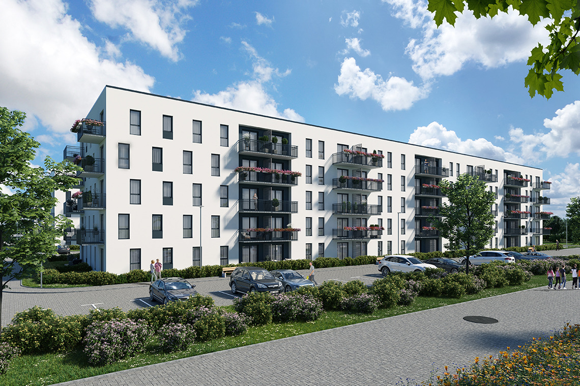 Wizualizacja nowoczesnego, białego budynku apartamentowego z balkonami ozdobionymi kwiatami, widok z poziomu parkingu z zaparkowanymi samochodami i spacerującymi ludźmi w słoneczny dzień.