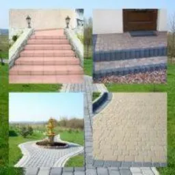 Kompozycja czterech ujęć: schody z lampionami, wejście z kostki, fontanna na trawniku i wybrukowany chodnik. Kostka brukowa w różnych wzorach i kolorach.