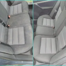 Porównanie tylnej kanapy samochodowej przed i po praniu tapicerki, widoczne wyraźne różnice w czystości i odświeżeniu materiału.