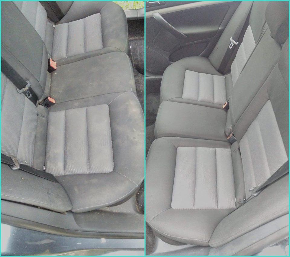 Porównanie tylnej kanapy samochodowej przed i po praniu tapicerki, widoczne wyraźne różnice w czystości i odświeżeniu materiału.