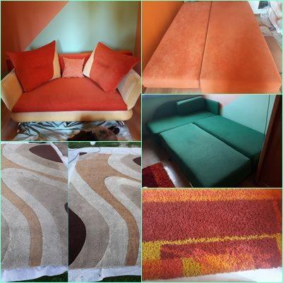 Kolaż przedstawiający różne etapy czyszczenia mebli tapicerowanych i dywanów: pomarańczowa kanapa z poduszkami, zielona rozłożona sofa, dywan w beżowo-brązowe wzory przed i po czyszczeniu...