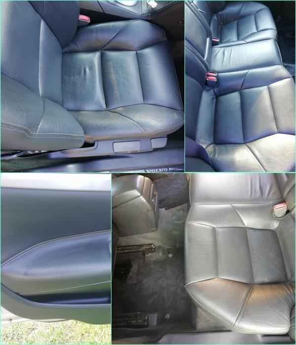 Czyszczenie wnętrza samochodu Volvo: czarne skórzane fotele przed i po czyszczeniu, widoczny brud na podłodze.
