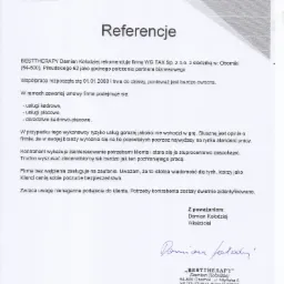 Skan dokumentu referencyjnego dla firmy BESTTHERAPY Damian Kołodziej z Obornik, datowany na 23.06.2022, zawierający opis współpracy i zakres świadczonych usług, w tym usługi kadrowe i płacowe...