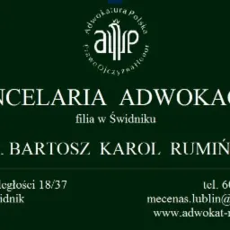 Wizytówka Kancelarii Adwokackiej, filia w Świdniku, adwokat Bartosz Karol Rumiński, adres, telefon i adres e-mail.