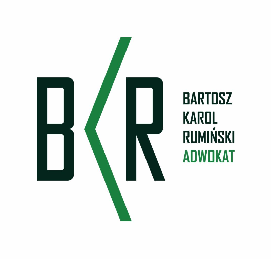 Zielono-czarne logo kancelarii prawnej BKR z nazwiskiem Bartosz Karol Rumiński i dopiskiem Adwokat.