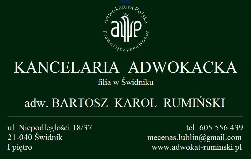 Wizytówka Kancelarii Adwokackiej, filia w Świdniku, adwokat Bartosz Karol Rumiński, adres, telefon i adres e-mail.