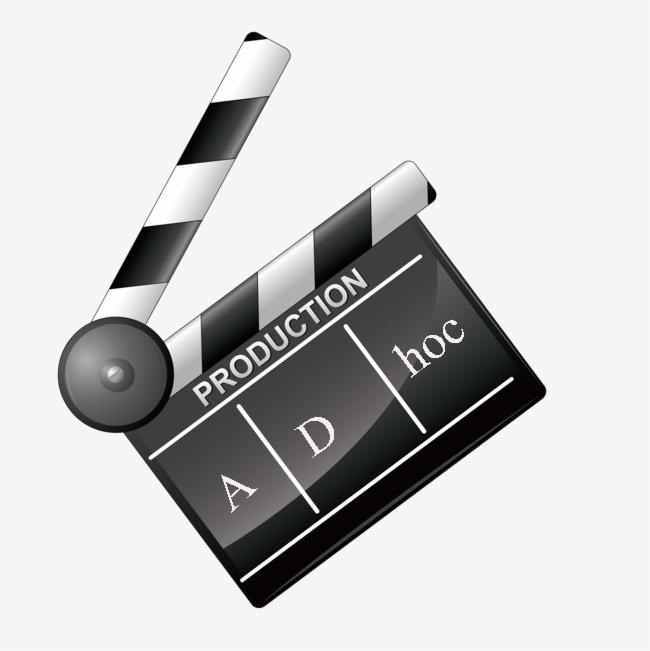 Czarno-biały klaps filmowy z napisem 'PRODUCTION' i literami 'A', 'D', 'hoc' na białym tle.